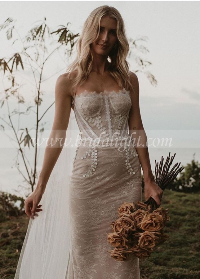 Strapless Sheath Lace Wedding Dresses Modest Style With Nude Lining