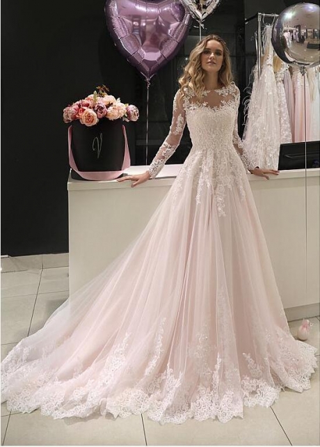 Long Sleeve Lace Applique Average Wedding Dress Cost With Beaded Illusion  Bodice, Pearls And Tulle Saudi Arab Dubai Style From Lilliantan, $204.8