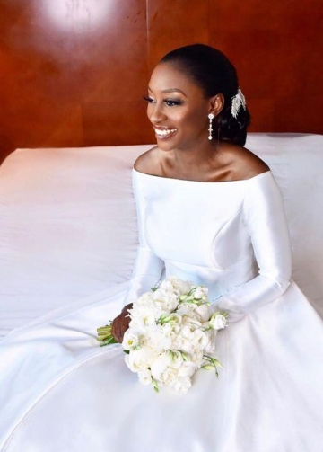 African White Satin Wedding Dress with Long Train