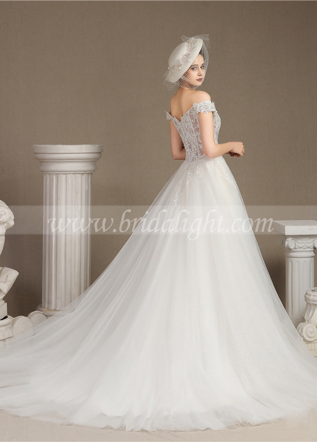 A-line Off the Shoulder Sweet Bride Wedding Dress with Slit