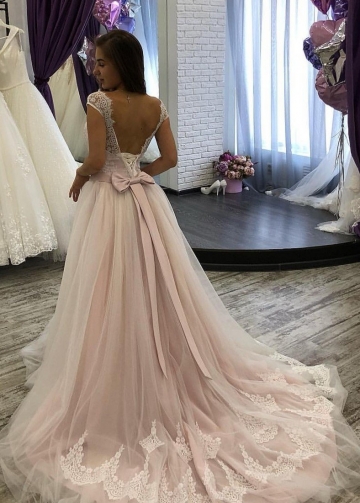A-line Tulle Blush Pink Wedding Dress Lace Capped Sleeves