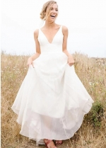 A Line Chiffon Deep V Simple Long Beach Wedding Dress