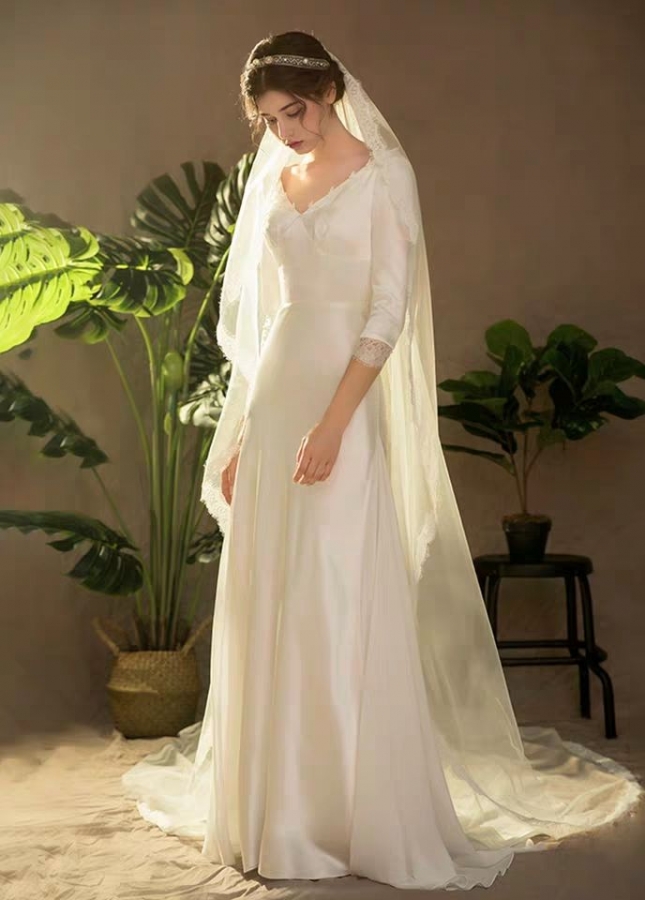Cheap Beach Wedding Dresses V Neck Half Sleeves Online - Bridalight.com