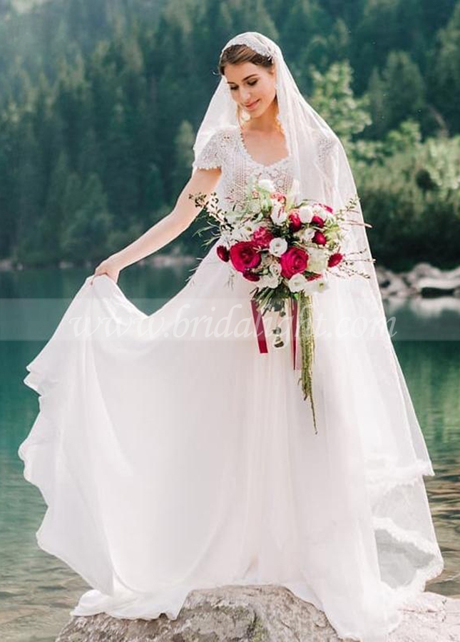 Bohemian Wedding Dresses Lace Short Sleeve Chiffon Bridal Gowns Vestido De Noivas