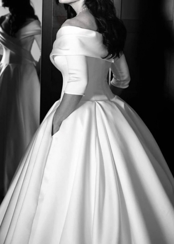 Classic Off the Shoulder Neckline Simple Satin Bridal Dress with Pockets