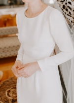 Column Long Sleeves Floor Length Soft Satin Bridal Gown with Cutout Back