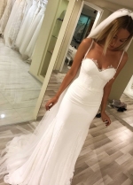 Double Straps Ivory Chiffon Wedding Gown with Lace Piece Skirt