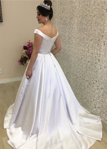 Fold V-neck Satin Dress for Wedding with Beaded Belt