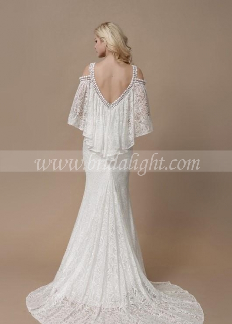 Cheap Flutter Sleeves Mermaid Lace Bridal Dresses With Pearls Neckline Online 0867