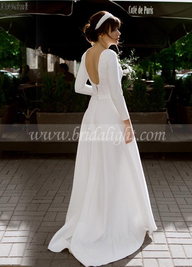 Full Sleeve Soft Satin Wedding Dresses A Line Lace Appliques Bridal Dresses Country Outdoor Robe de Soriee Chic Noivas