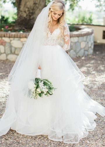 Illusion Neckline Tulle Wedding Dress with Lace Sleeves
