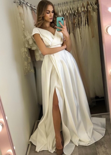 Ivory V-neck Satin Cap Sleeves Wedding Dress with Cut Out Back