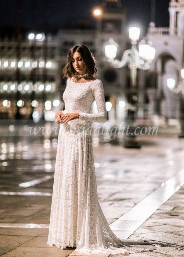 Lace Full Sleeves Modest Wedding Gowns with Sweep Train