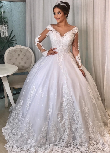 Cheap Long Sleeves Cathedral Train Wedding Dress Ball Gown Online ...