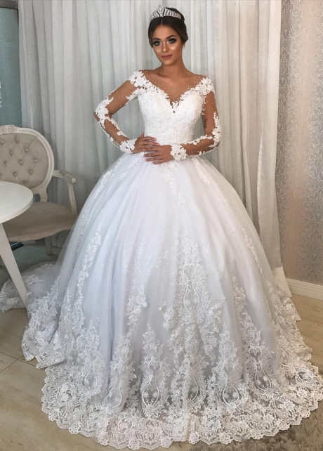 Cheap Long Sleeves Ball Gown Wedding Dresses Illusion Neck Online ...
