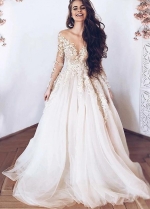 Long Sleeves V Neck A Line Lace Tulle Wedding Dresses