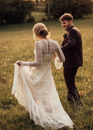 Long Sleeves Lace Wedding Dresses Bohemian Bridal Gown
