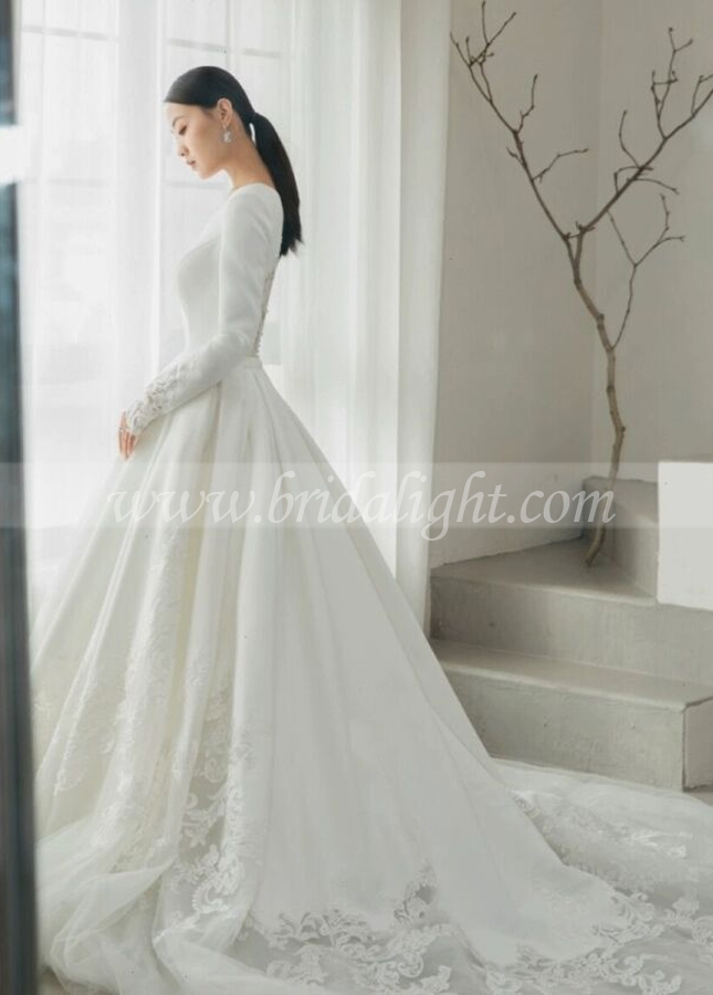 Long Sleeves Ivory A Line Satin Organza Wedding Dresses