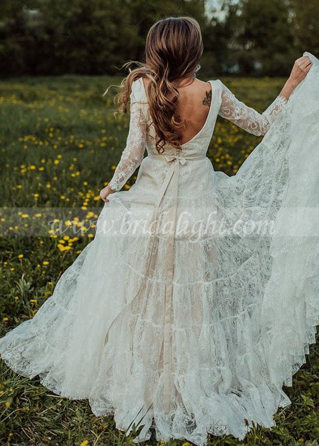 Long Sleeve Lace Wedding Dresses V-Neck Champagne lining Bridal Gowns Princess Boho Noivas