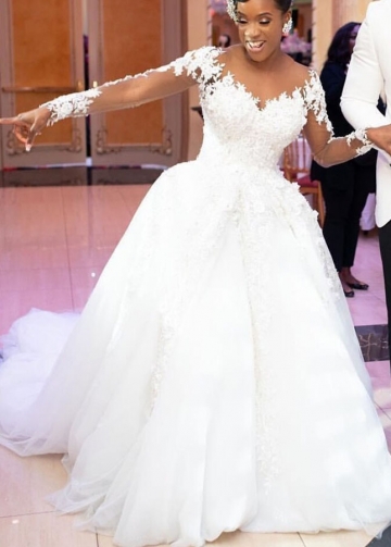 Long Sleeves Cathedral Train Wedding Dress Ball Gown
