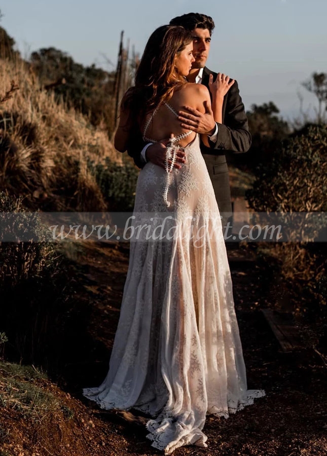 Lace Boho Bridal Dress with Nude Lining