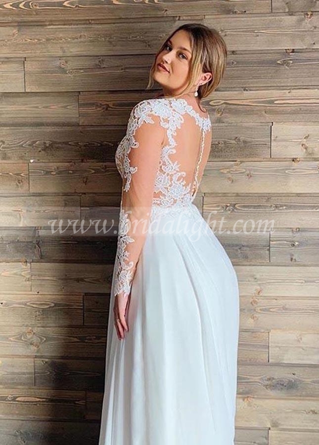 Modest Long Sleeves V-neck Chiffon Beach Plus Size Wedding Dresses Vestidos de Novia
