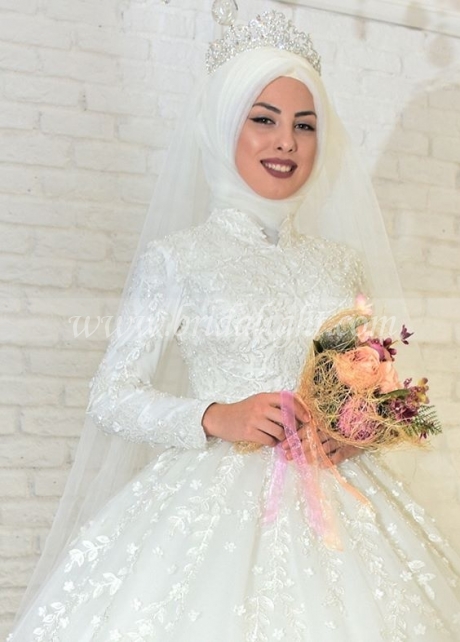 Cheap Muslim Long Sleeves Appliques Wedding Dresses Elegant Noivas Ball ...