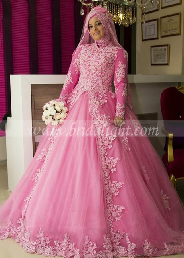 Lace Appliqued Princess Ball Gown Wedding Dresses Pink Bridal