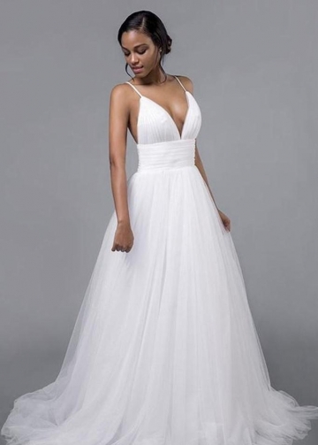 Pleated Tulle Wedding Bridal Dresses with Spaghetti Straps