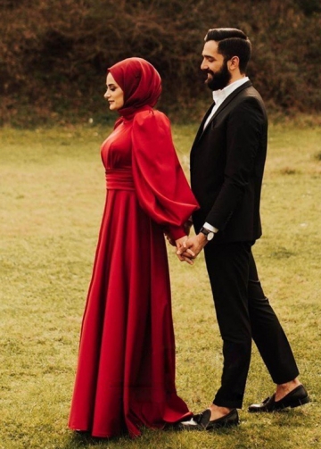 Red Muslim Wedding Dress Satin A Line Bridal Dress Gown With Train