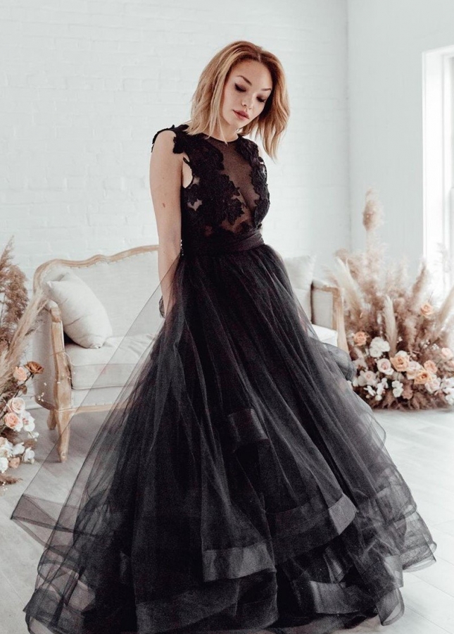 See-through Lace Black Wedding Dress with Tulle Netting Skirt