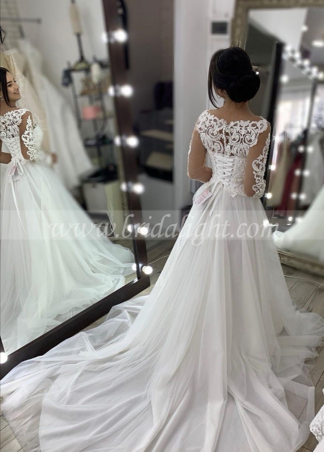 Sheer Lace Long Sleeves Wedding Gown Tulle Skirt
