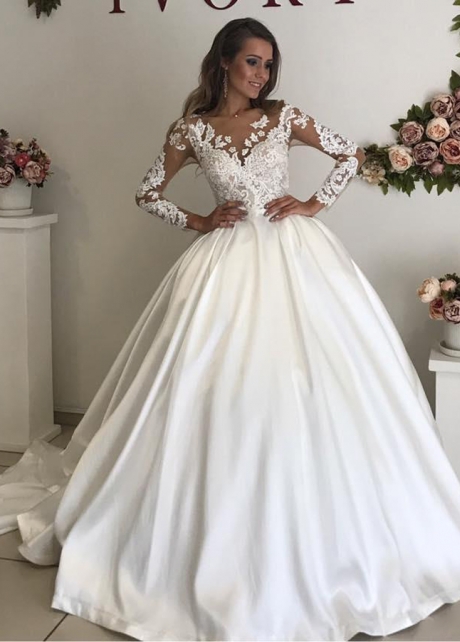 Cheap Sheer Long Sleeves Lace Wedding Gown Satin Skirt Online ...
