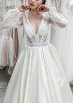 See Through Long Sleeves Sequin Satin Bride Wedding Gown With Pockets