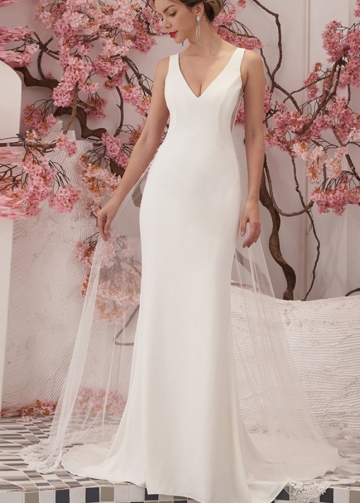 Simple Crepe Wedding Dress with Tulle Overskirt