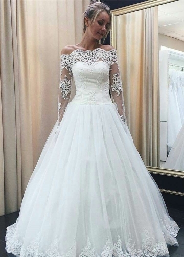 Romantic Ball Gown with Scalloped Lace Edge