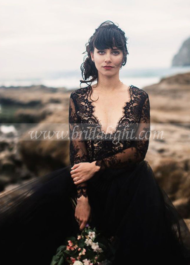 Sheer Lace Long Sleeves Black Wedding Dress with Plunging V-neck