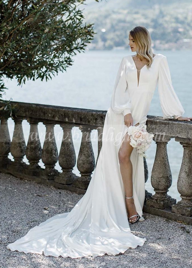 Simple Lantern Sleeve Deep V-Neck Side Split Elegant Boho Wedding Dresses