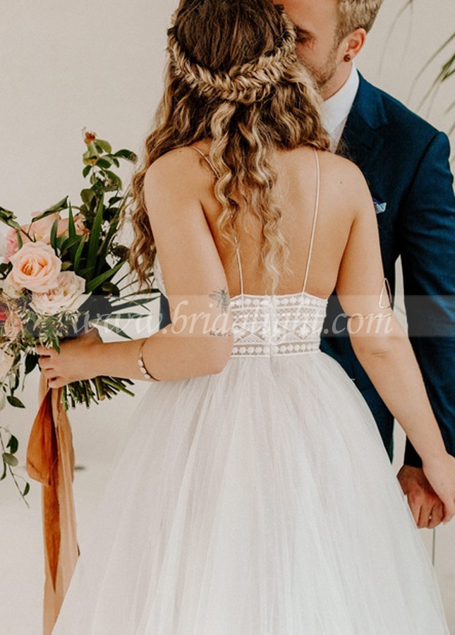 Spaghetti Tulle Wedding Dresses V-Neck A Line Bridal Gowns Backless Robe de soriee Boho