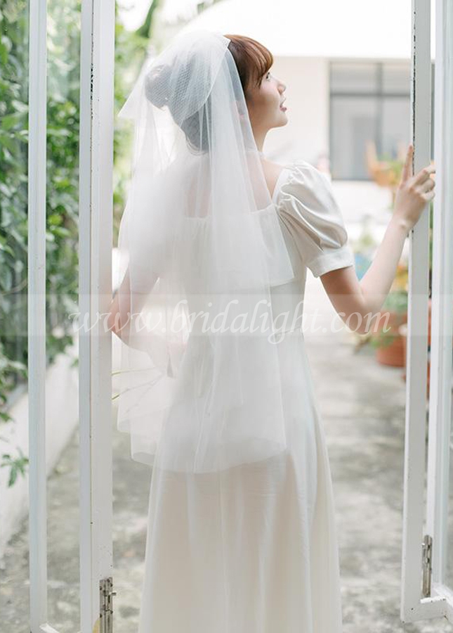 Simple Wedding Dress With Short Sleeves Tea Length A Line Bride Dress