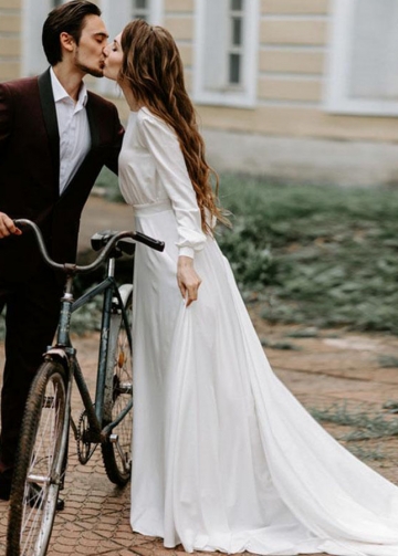 Simple Long Sleeve Wedding Dresses A Line Soft Satin Elegant Bridal Gowns