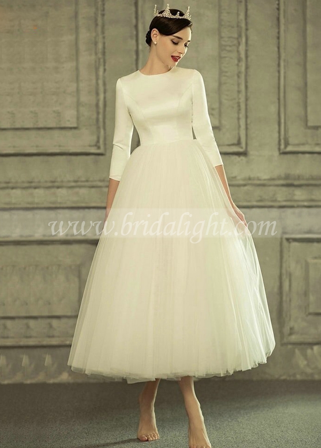 Tea Length A-line Wedding Dress with 3/4 Length Sleeves