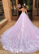 V-neckline Lace Floral Wedding Gown with Contrast Color Skirt