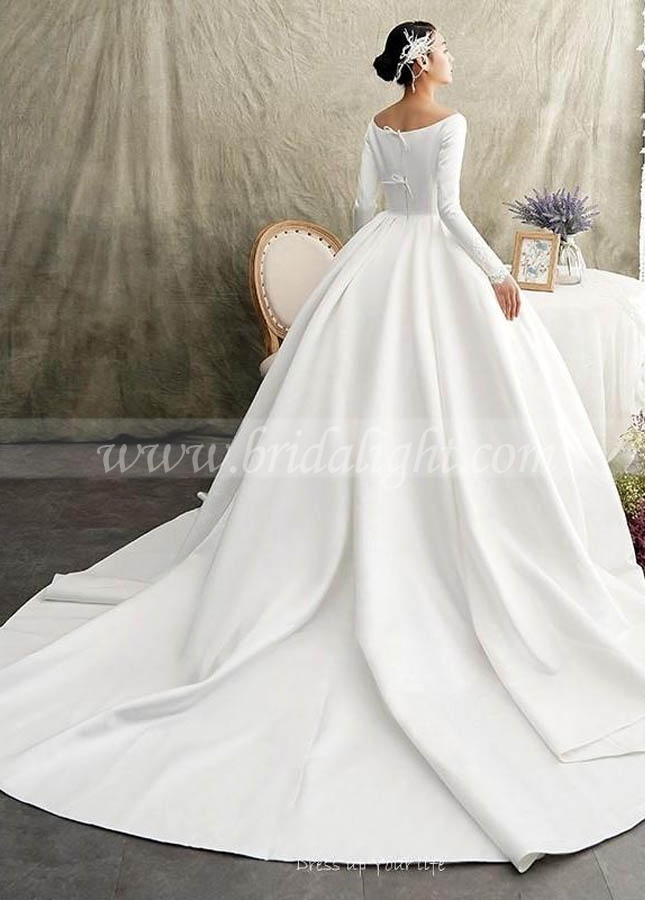 White Satin Ball Gown Wedding Dress Long Sleeve Wide Neckline